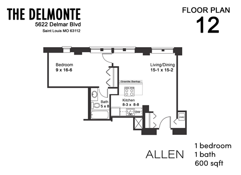 Floor plan for 1 bed, 1 bath, 600 sqft